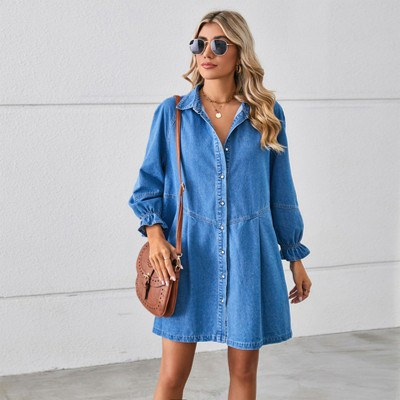 Coolmee Womens Denim Mini Dress Smocked Ruffle Trim Long Sleeve Collared Front Button Down Loose Fit Jeans Dresses L Light Blue | Target