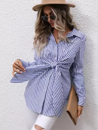 SHEIN Clasi Striped Knot Front Curved Hem Shirt | SHEIN