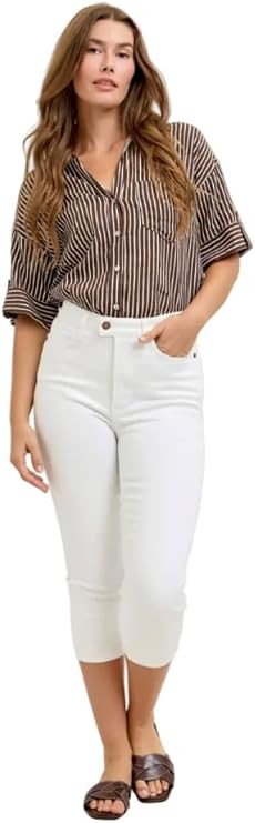 Judy Blue High Rise Tummy Control 21.5" Inseam Capris in White- Ivory Gem | Amazon (US)
