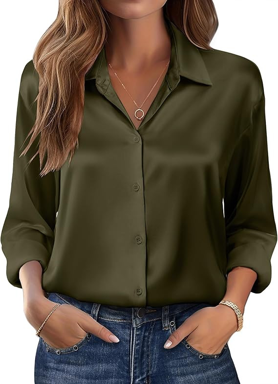 Zeagoo Womens Tops Long Sleeve Satin Silk Button Down Shirts Dressy Blouses | Amazon (US)