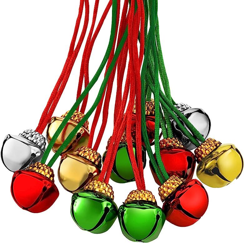 36 Pieces Christmas Bell Necklaces Christmas Holiday Necklaces Gold Red Green Bell Necklaces with Ri | Amazon (US)