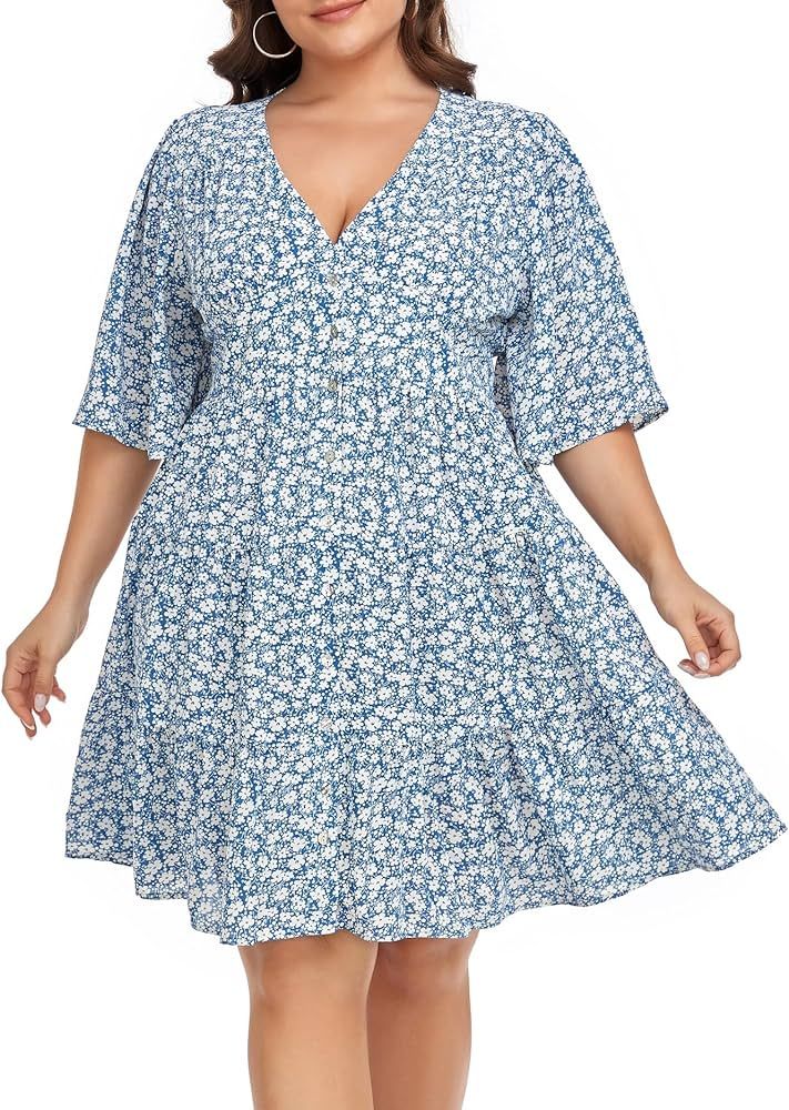 Casual Plus Size Dress for Women Floral Button Down Dresses | Amazon (US)