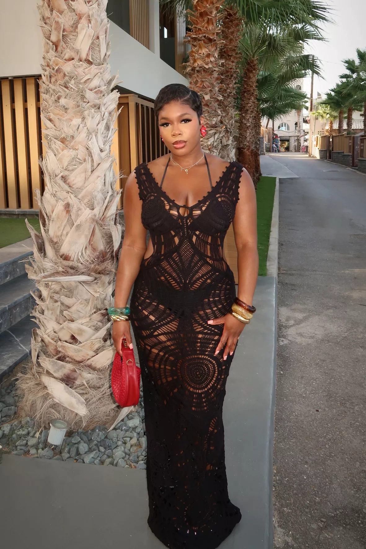 black maxi crochet dress Boston Proper - - 3D Floral Embellished Knit bodice Cut Out Sleeveless Crochet V-Neck,