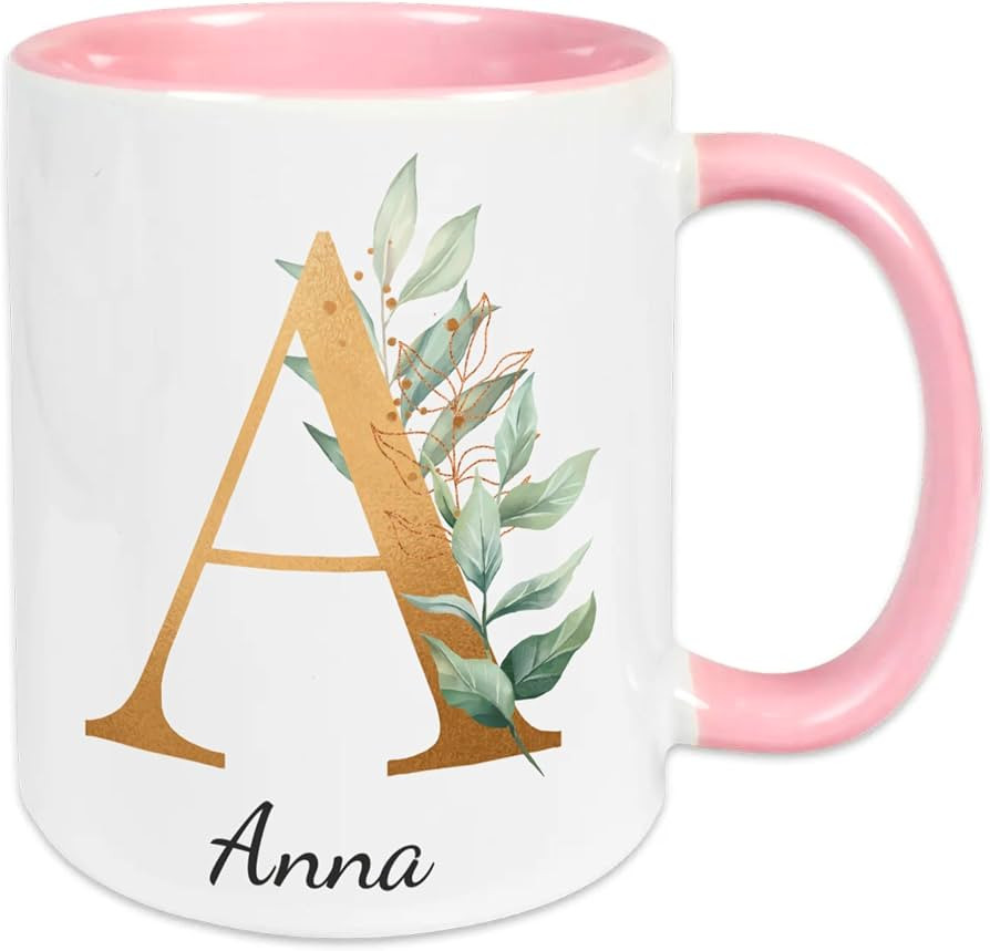 Tasse personalisiert mit Name Monogramm Buchstabe Eukalyptus Gold | Rosa | Amazon (DE)