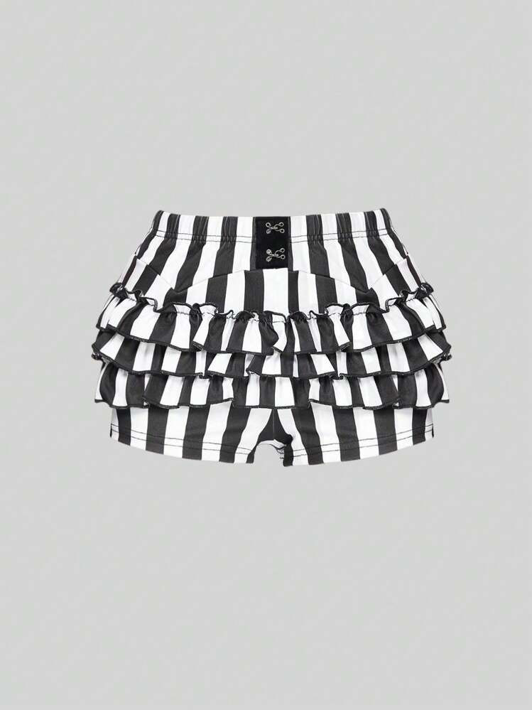 ROMWE Goth Summer Gothic Black & White Striped Cake Skirt Shorts For Women | SHEIN