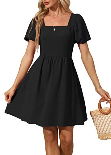 OFEEFAN Plus Size Dresses for Women Black Summer Chiffon Puff Sleeve Square Neck Dress with Tie Bow XXL | Amazon (US)