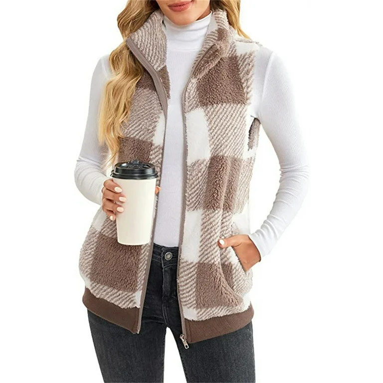 Haite Women Sherpa Fleece Jacket Vest Winter Lightweight Sleeveless Fuzzy Coats Cozy Plaid Zipper... | Walmart (US)