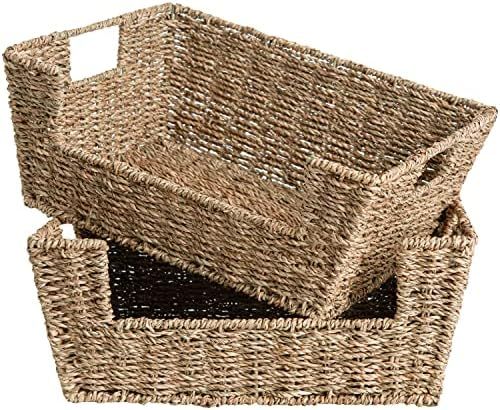StorageWorks Seagrass Storage Baskets, Hand-Woven Open-Front Bins with Handles, 13 ¾"L x 11"W x ... | Amazon (US)