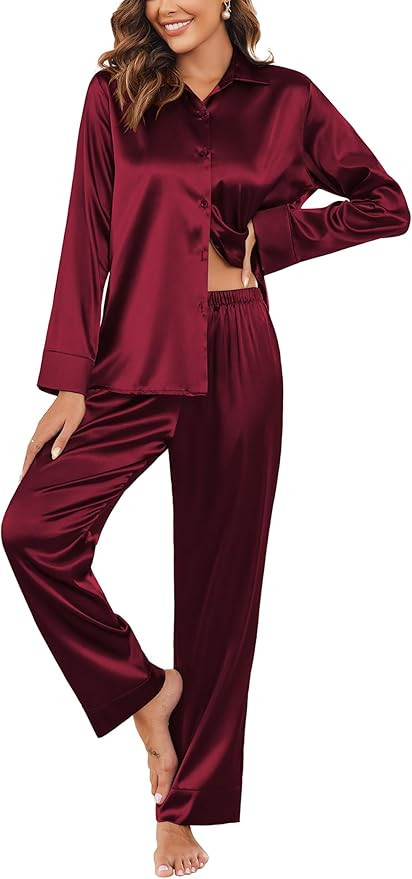Ekouaer Women Satin Silk Pajamas Classic Long Sleeve Button Down Pjs Set Soft Loungewear | Amazon (US)