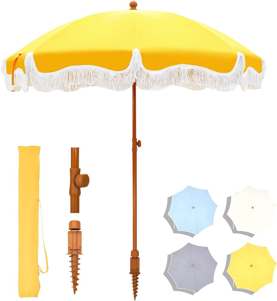 MFSTUDIO 7ft Patio Beach Umbrella with Fringe, Tassel Umbrellas with Sand Anchor & Tilt Button, H... | Amazon (US)