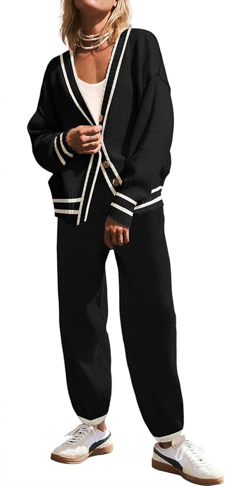 SAUKOLE Womens Two Piece Outfits Knit Sweater Sets Oversized Button Down Cardigan and Long Pants ... | Amazon (US)