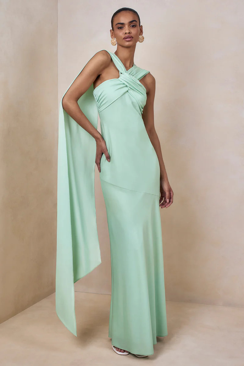 Sloane  Mint Satin Halter-Neck Maxi Dress With Cape | Club L London