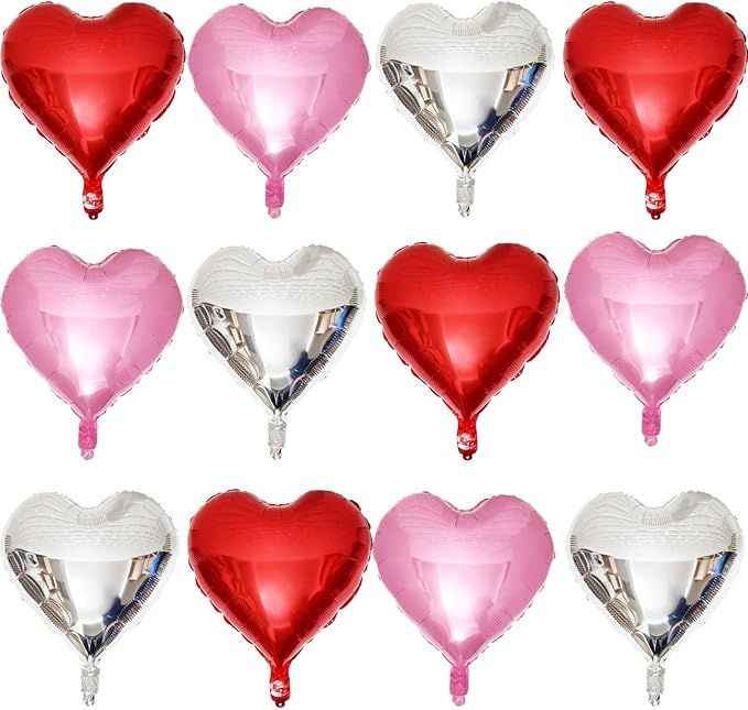 Red Heart Shaped balloons Pack of 12,18 Inch Silver Love Valentine Balloons Pink Heart Romantic B... | Amazon (US)