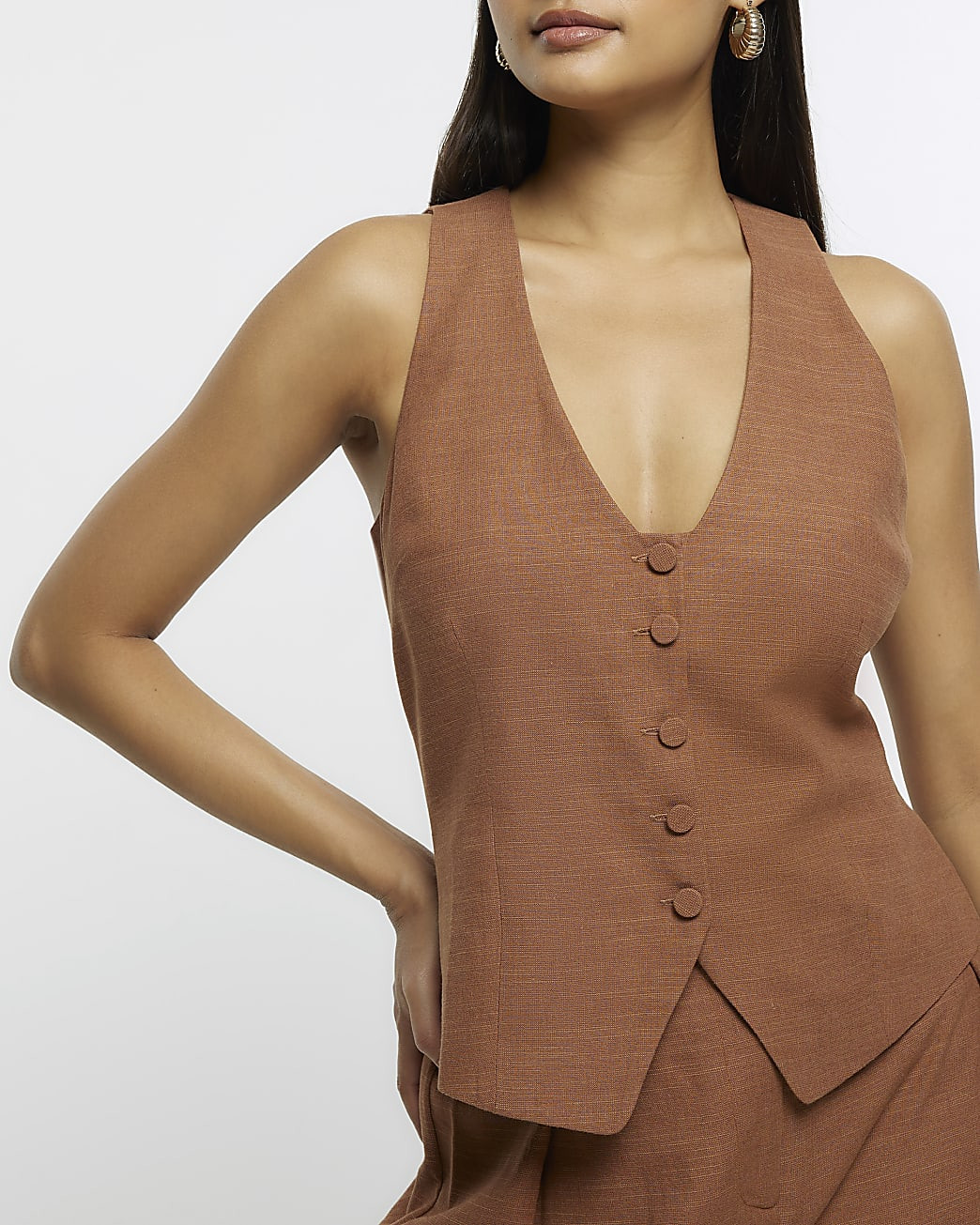 Brown button up waistcoat with linen blend | River Island (UK & IE)