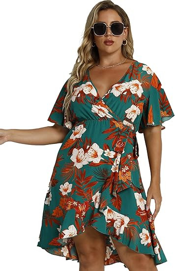 Floerns Women's Plus Size Striped Print Wrap V Neck Short Sleeve A Line Dress | Amazon (US)