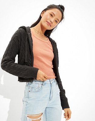 AE Cropped Cable Knit Zip-Up Sweater | American Eagle Outfitters (US & CA)