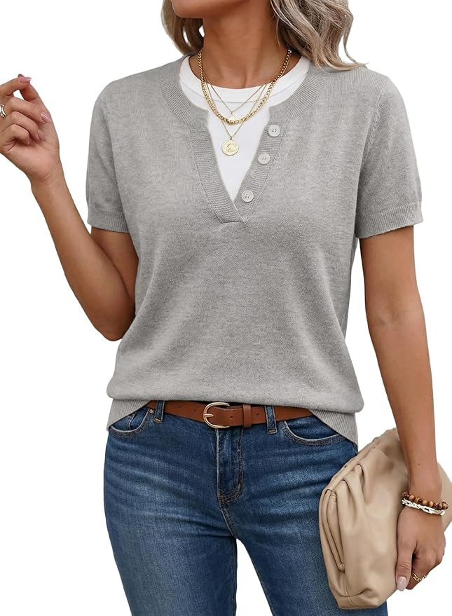 SHEWIN Womens Sweaters Short Sleeve Color Block Tops Lightweight Summer Spring Shirts Business Ca... | Amazon (US)