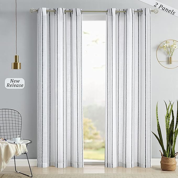 SXZJTEX Pinstriped Window Curtain Panels Farmhouse Curtains Sheer Light Filtering Drapes 108 Inch... | Amazon (US)