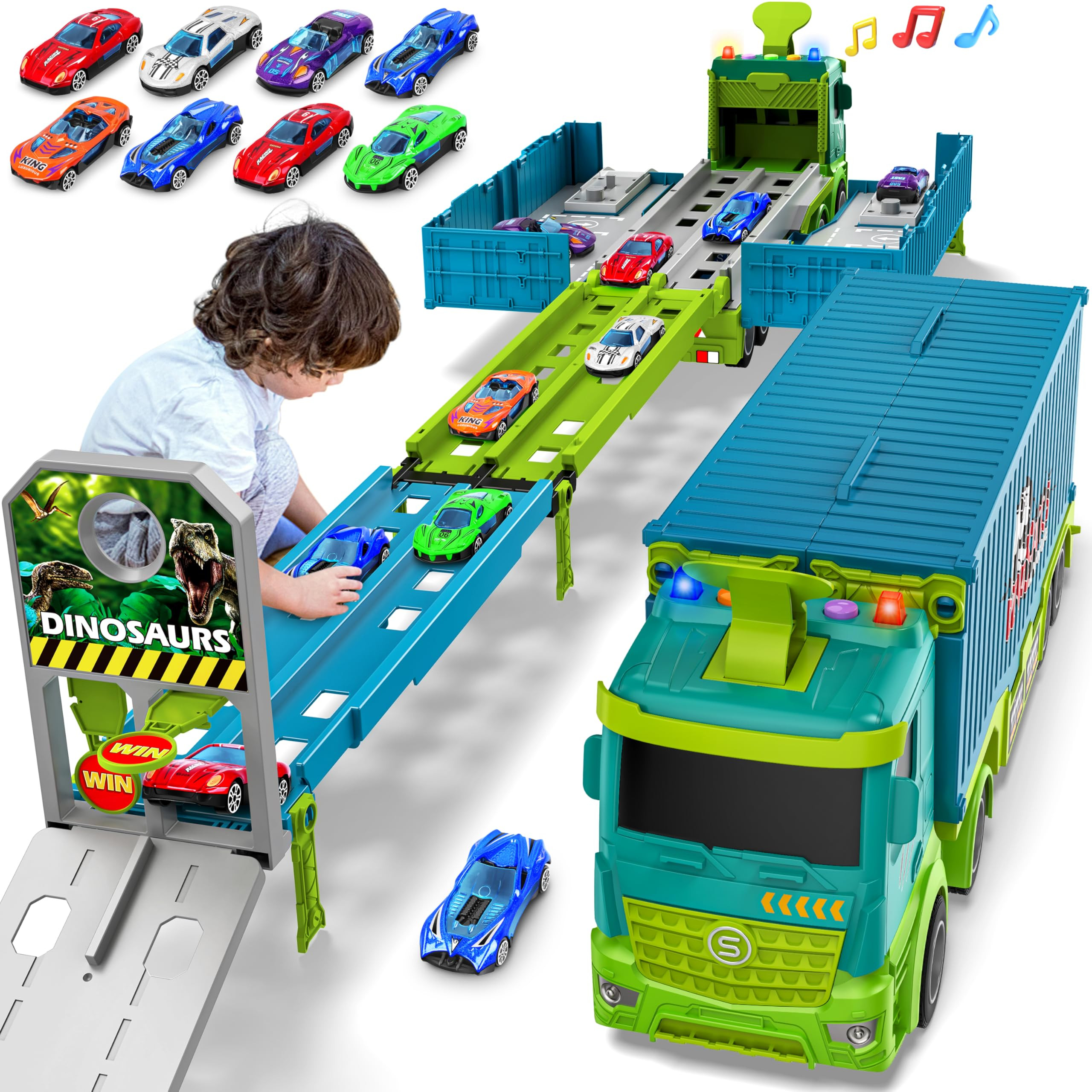 Carrier Truck Race Track Toddler Toys, Foldable 3 Layer Toddler Track Playset, Dinosaur Toy Truck... | Amazon (US)
