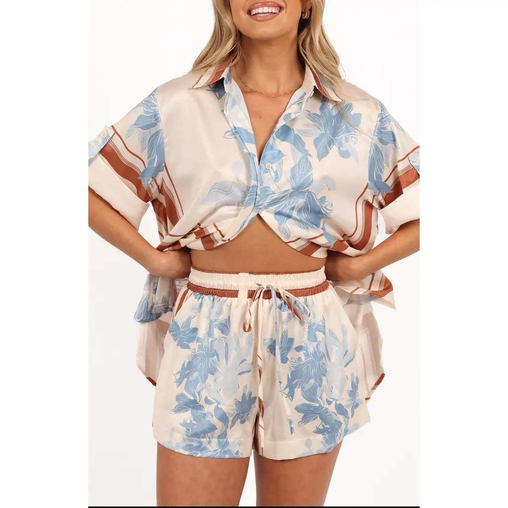 Petal & Pup Lara Scarf Print Drawstring Shorts in Pale Blue Print at Nordstrom, Size Small | Nordstrom