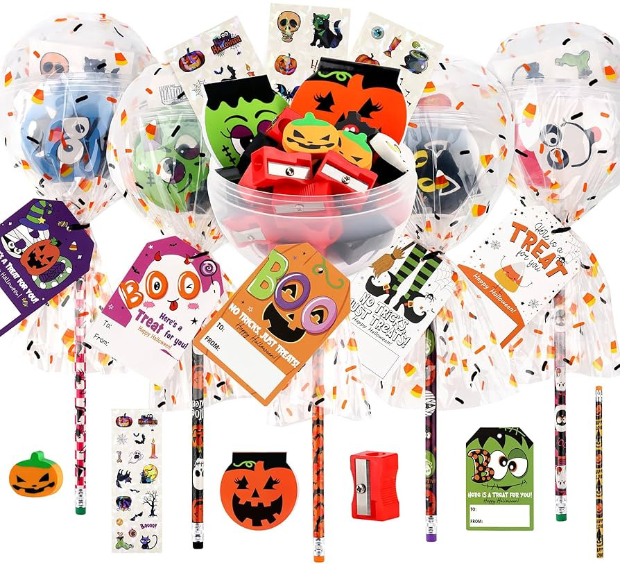 POPGIFTU 28 Pack Non-Candy Halloween Party Favors Bulk-Giant Lollipop Stationery Goodie Bags Kit ... | Amazon (US)