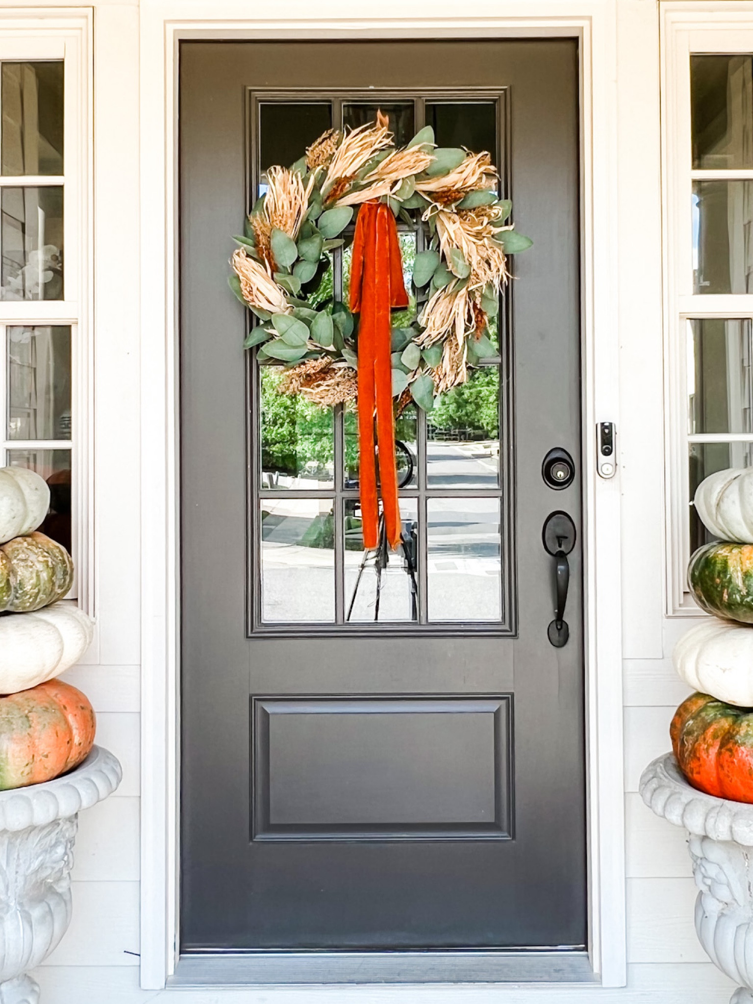 New fall eucalyptus and wheat wreath with velvet orange ribbon 