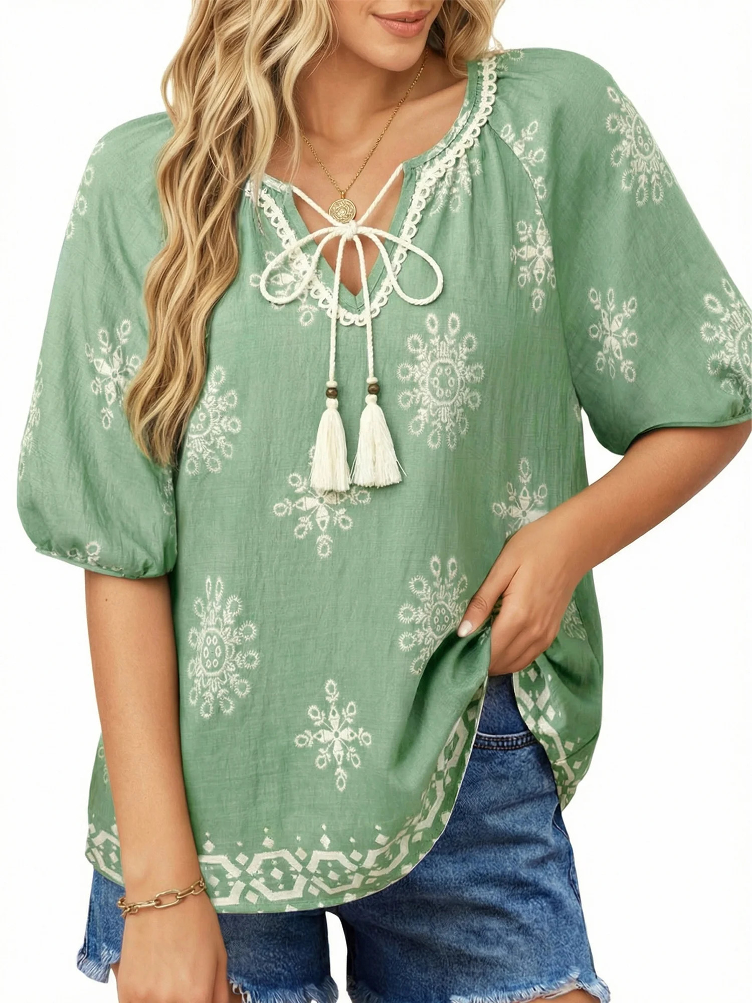 UVN Summer Tops for Women Short Sleeve V Neck Boho Casual Blouses Ladies Floral Print Tie Front F... | Walmart (US)