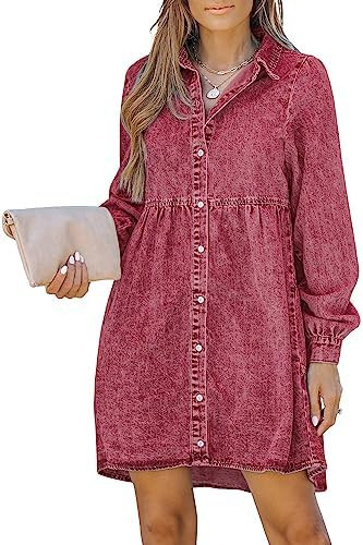 LookbookStore Long Sleeve Denim Dress for Women Jean Dress Button Down Casual Babydoll Denim Shir... | Amazon (US)