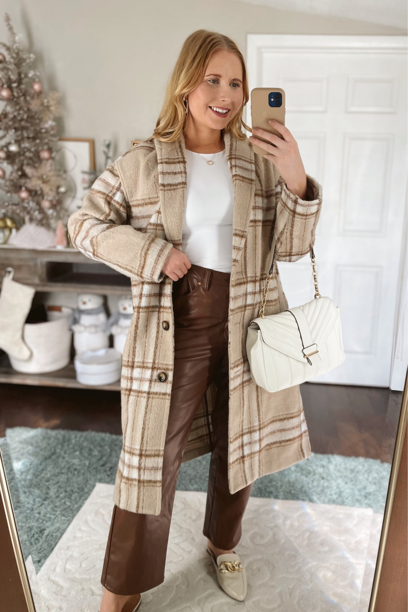 Chic thanksgiving outfit idea! Plaid coat: fits TTS, size M. Faux leather pants from Walmart - size 11 (like a size 10) - #walmart #oldnavy 

#LTKHoliday #LTKSeasonal #LTKunder50