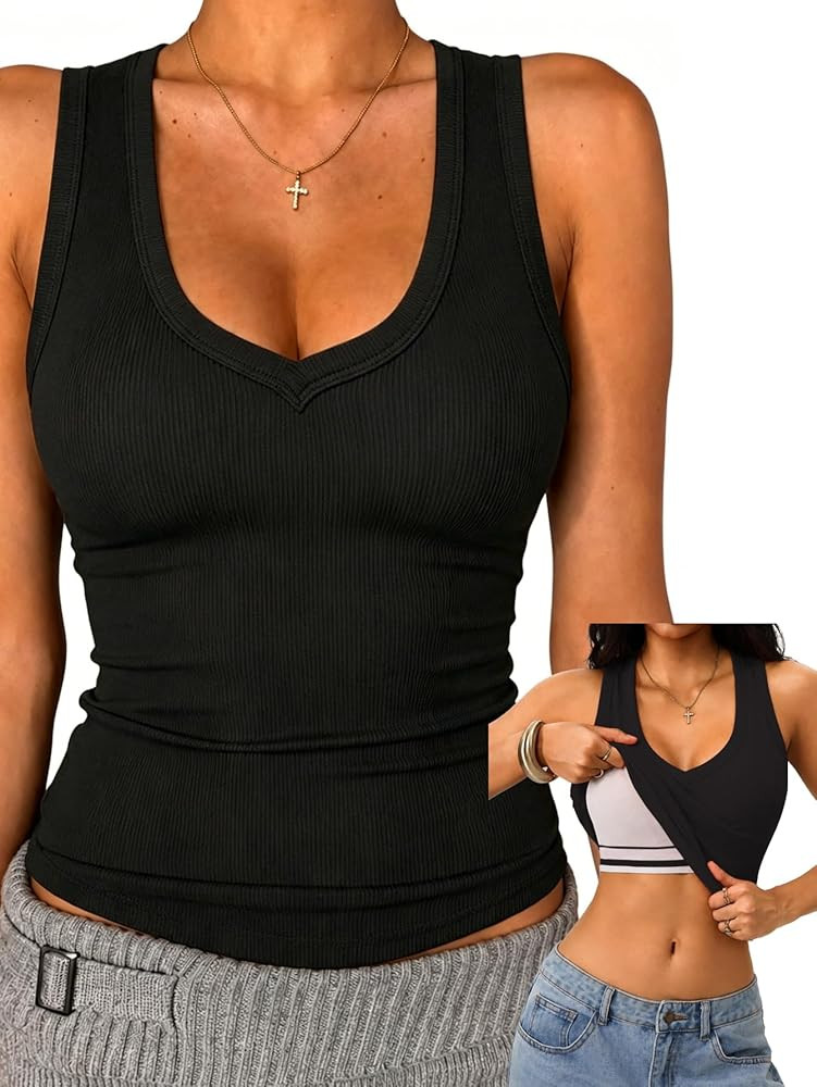 Danysu Built in Bra Tank Tops for Women Racerback Ribbed Sleeveless Shirts | Amazon (US)