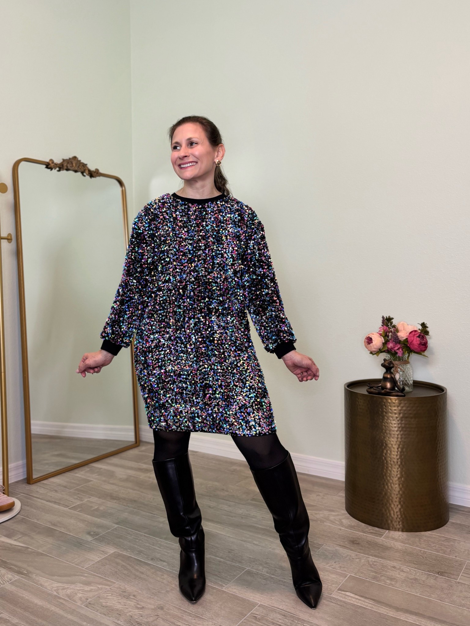 Almost like a sweatshirt dress comfort but very elevated with sequins. Wearing petite XS.

#ltkparties

#LTKOver40 #LTKPetite