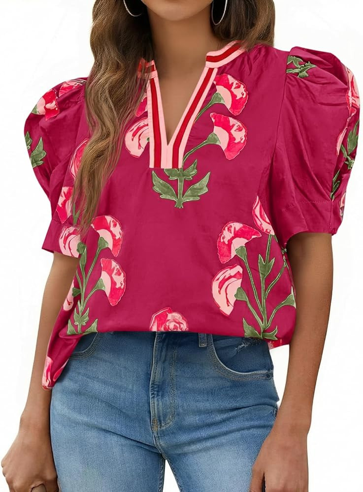 Cicy Bell Womens Summer Puff Sleeve Blouses Casual Dressy V Neck Color Block Tops Loose Fit Boho ... | Amazon (US)