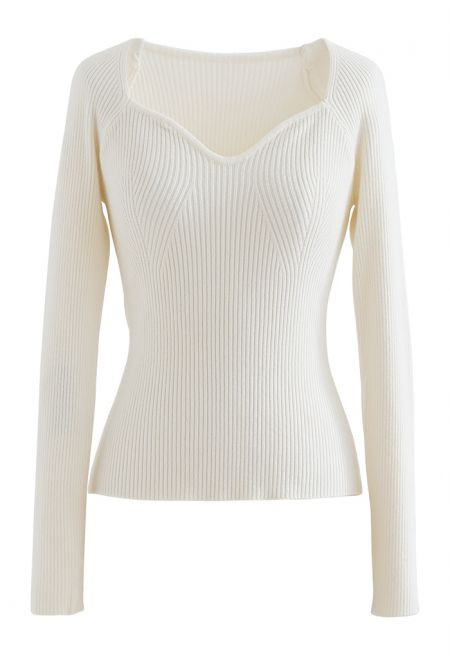 Square Neck Long Sleeves Fitted Knit Top in White | Chicwish