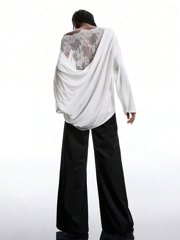 LYSMO 2025 New Fall And Winter Minimalism Women's Elegant Lace Patchwork Sexy T-Shirt, Autumn Party White Elegant Top For Women Beach Summer Cozy Fall And Winter Going Out | SHEIN