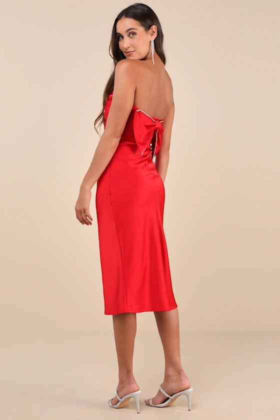 Luxe Crush Red Satin Rhinestone Bow Strapless Midi Dress | Lulus