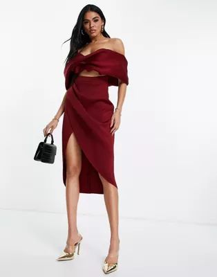 ASOS DESIGN 2 piece off shoulder pencil wrap tuck midi dress in burgundy | ASOS (Global)