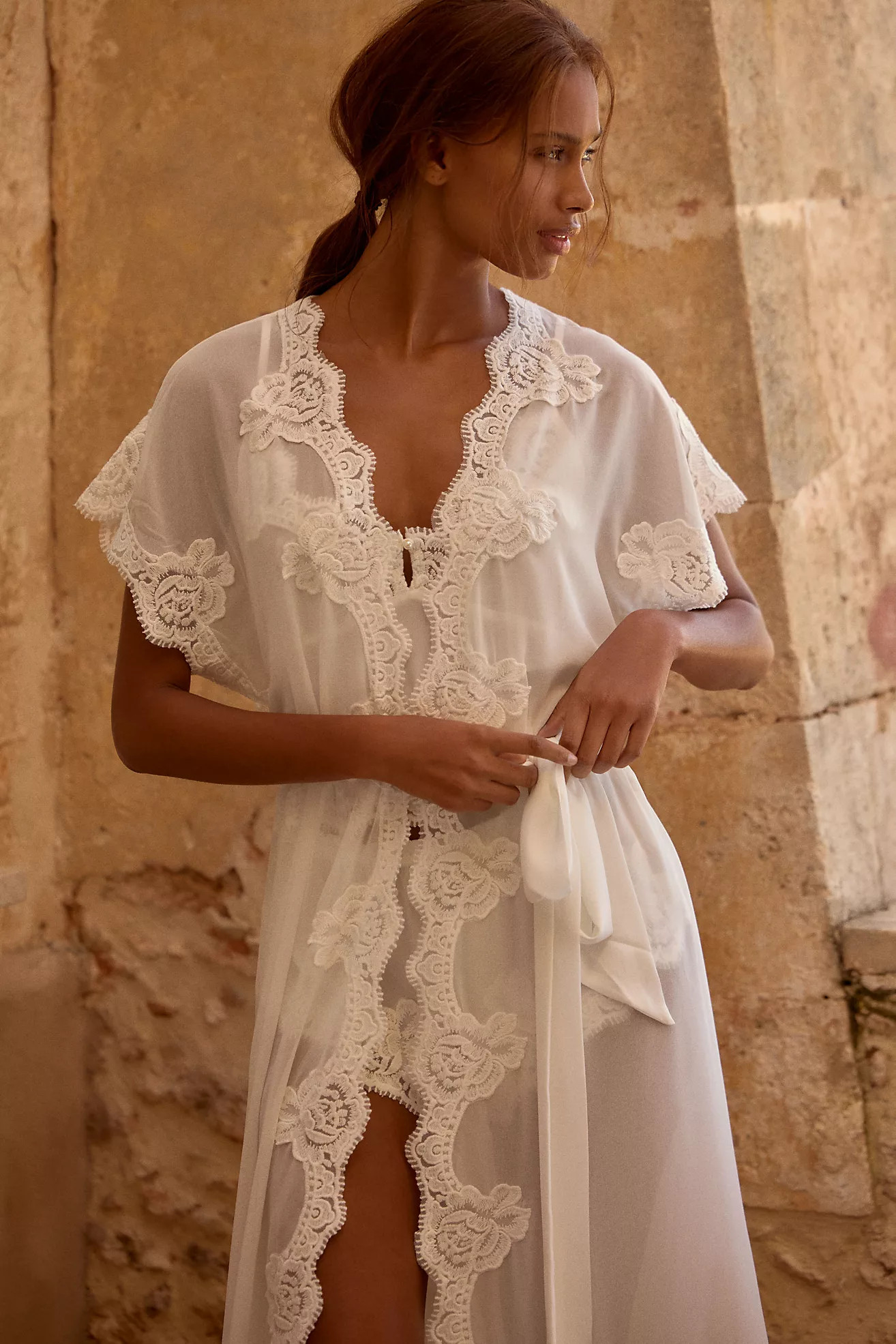 Homebodii Valentina Short-Sleeve Lace-Trim Chiffon Robe | Anthropologie (US)
