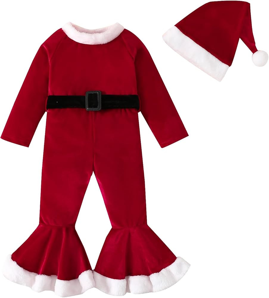 Toddler Girls Christmas Outfits Long Sleeve Jumpsuit Bell Bottom Velvet Pants Xmas Santa Claus Pa... | Amazon (US)