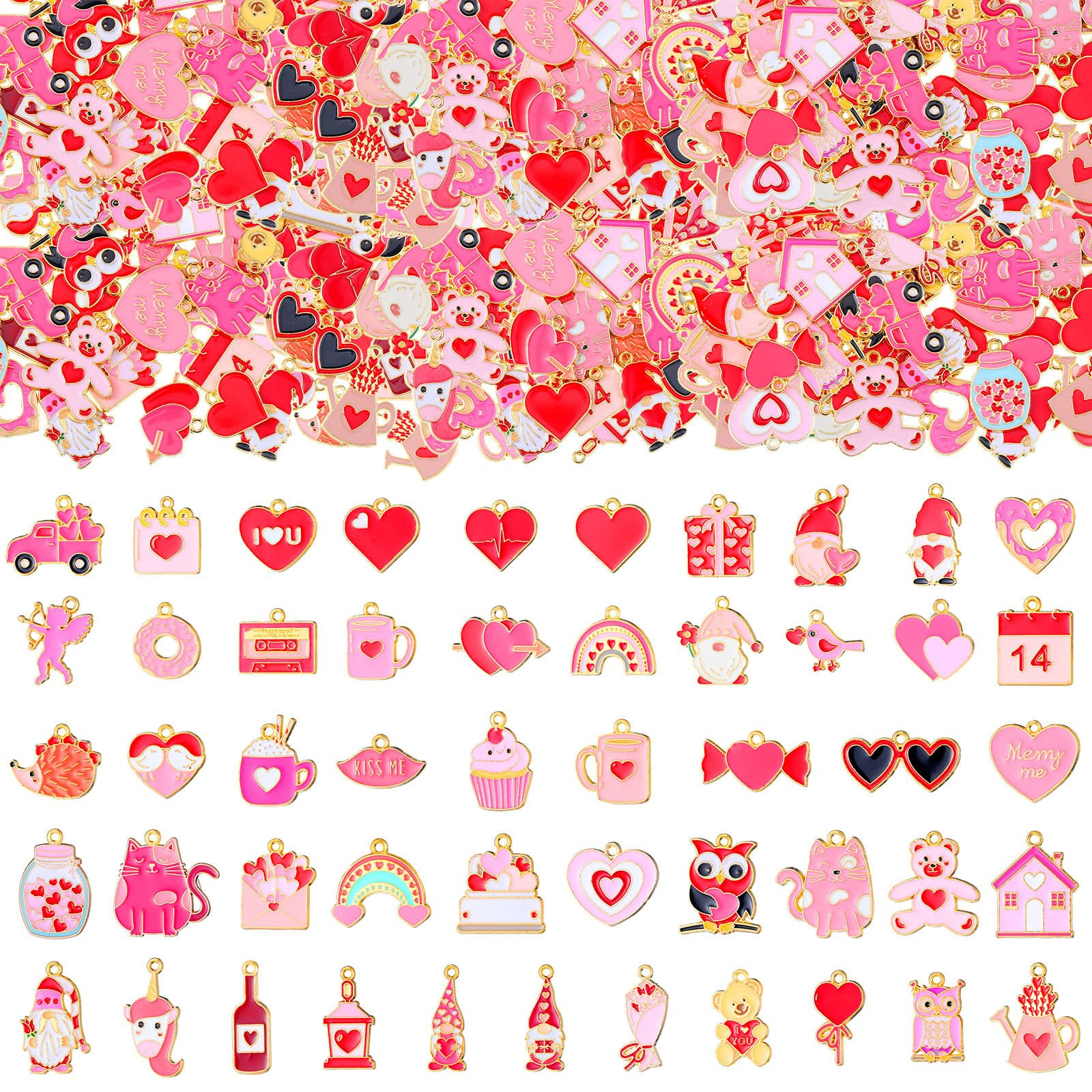 Equsion 200 Pcs Valentines Charms Jewelry Making Charms Bulk Gold Enamel Heart Gnome Rose Pink Pe... | Amazon (US)