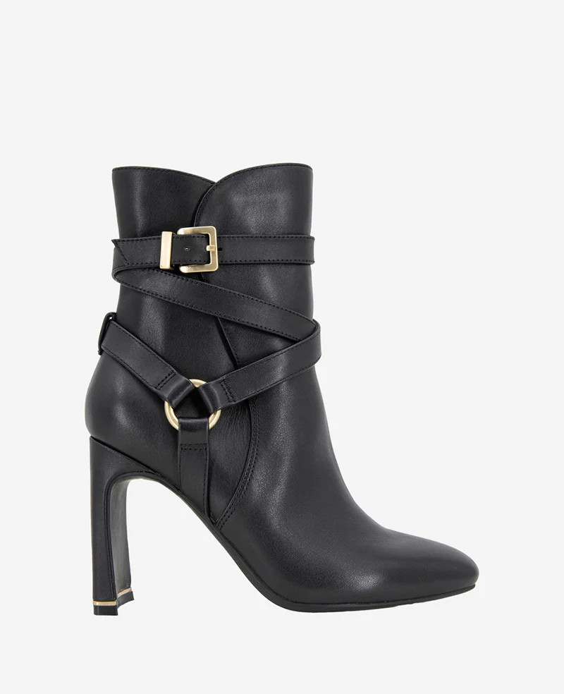 Kenneth Cole | Nellie Leather Buckle Heel Ankle Bootie in BLACK LEATHER | Kenneth Cole