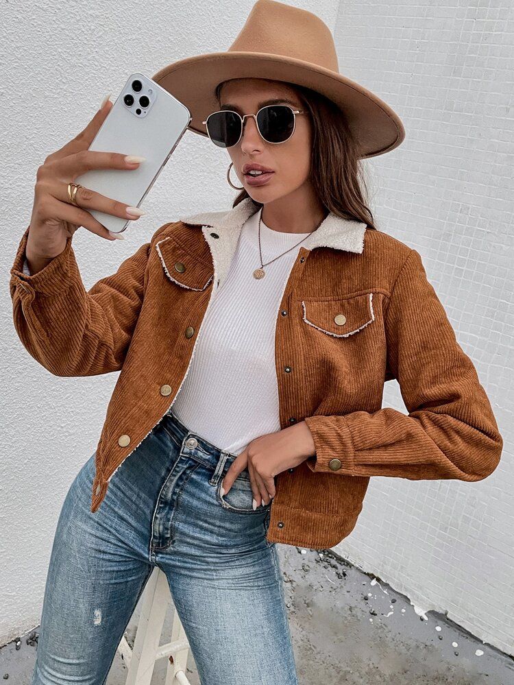 Teddy Lined Snap Button Front Corduroy Jacket | SHEIN