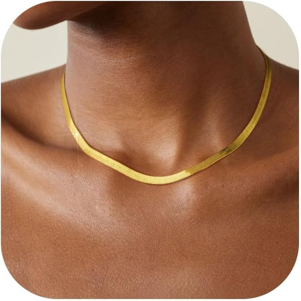 Wowshow Real Gold Plated Italian Snake Chain Necklace Flat Herringbone Choker Dainty Necklace Bra... | Amazon (US)