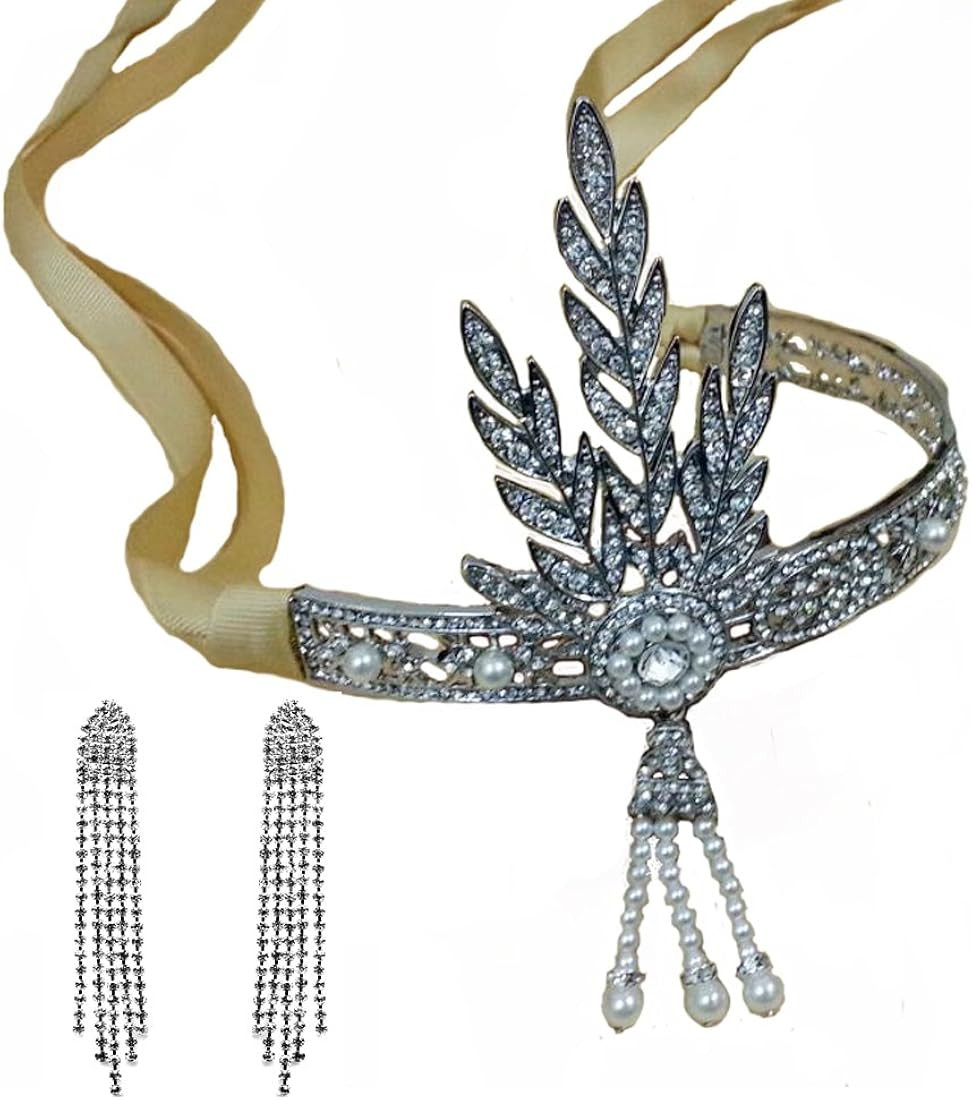 Santfe 1920's Great Gatsby Vintage Style Pearl Crown Tiara Charleston Bridal Headband Headpiece + Ea | Amazon (US)