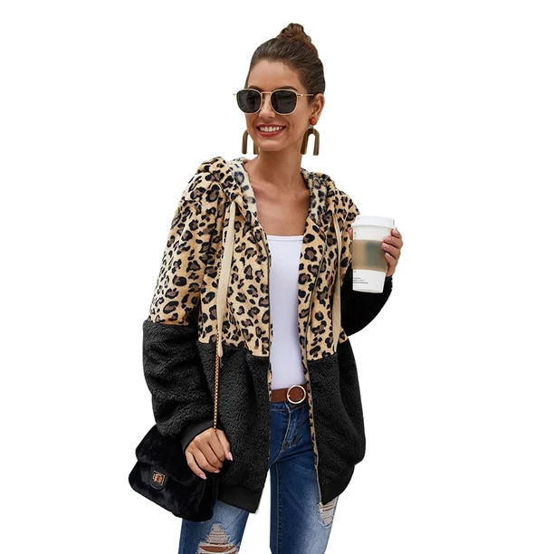 NHT&WT Womens Zipper Fuzzy Sherpa Fleece Leopard Patchwork Cardigan Hooded Coat Outwear Pockets -... | Walmart (US)