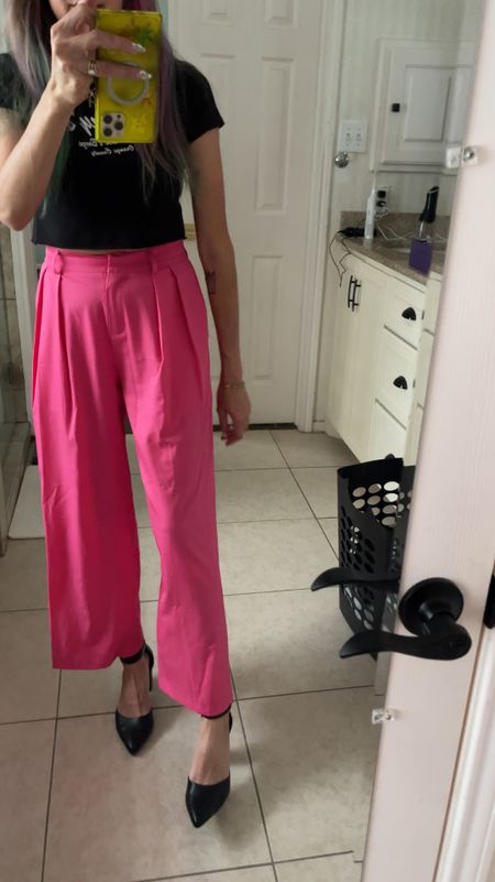 I got influenced to order these wide leg pink pants- they are available in other colors though! I’m still trying to figure out which shoes to wear these with but they are flowy, have pockets, and work with this 15 year old cropped t shirt. I may need to stick to the low-mid heel heights with the inseam length on the size small. 

Related high waisted, flowy pants, pink slacks, on Wednesdays we were pink, cropped black tee tshirt