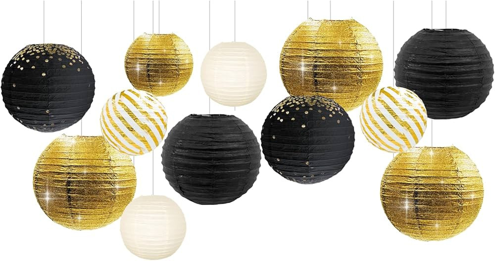 NICROLANDEE Black Gold Party Supplies - 12PCS Black and Gold Metallic Foil Paper Lanterns Decorat... | Amazon (US)
