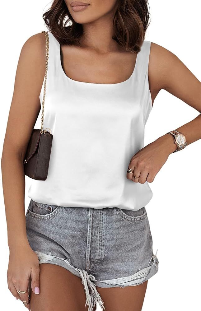 BLENCOT Women Silk Tank Top 2024 Square Neck Camisole Tops Summer Satin Shirt Basic Dressy Sleeve... | Amazon (US)