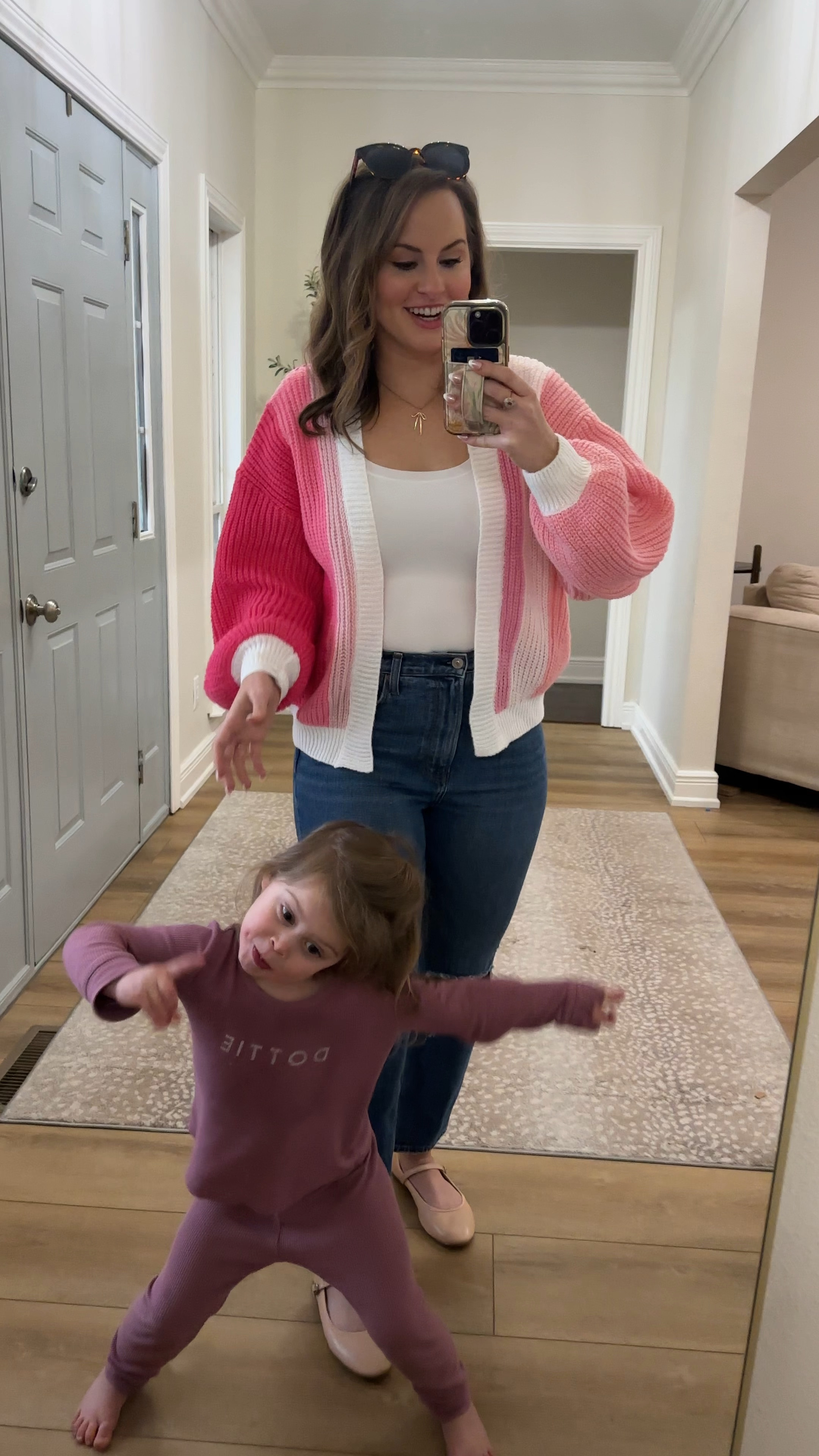 Valentine’s Day outfit! Love this pink  color block open front cardigan. Cute billowy sleeves and great quality! Wearing size m. Perfect for date night, kids valentines party, galentines or just everyday! 

Paired it with a skim dupe top and my fave Abercrombie jeans. Also loving this new 2025 trend- ballet flat shoes from Amazon! Nude color is super versatile with lots of outfits. 

#LTKFindsUnder50 #LTKFamily #LTKWatchNow