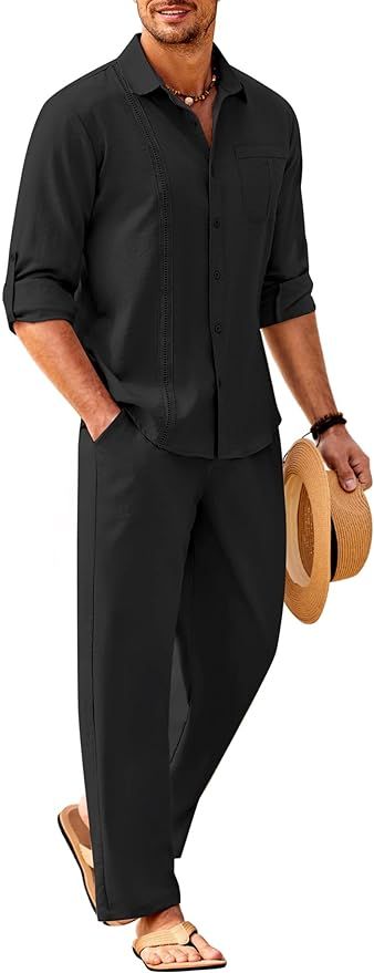 COOFANDY Men's 2 Piece Linen Sets Casual Long Sleeve Button Down Cuban Shirt and Loose Pants Set ... | Amazon (US)