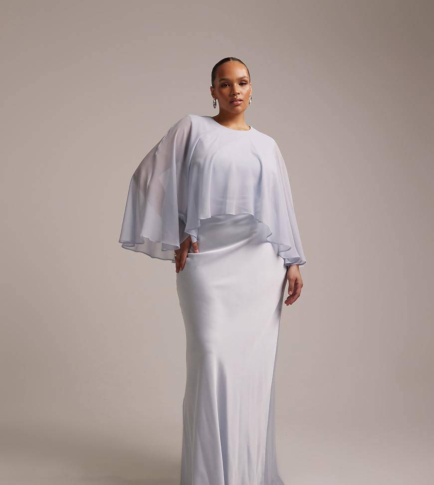 ASOS DESIGN Curve bridesmaids sheer chiffon cape overlay with bias cut satin dress in blue | ASOS (Global)